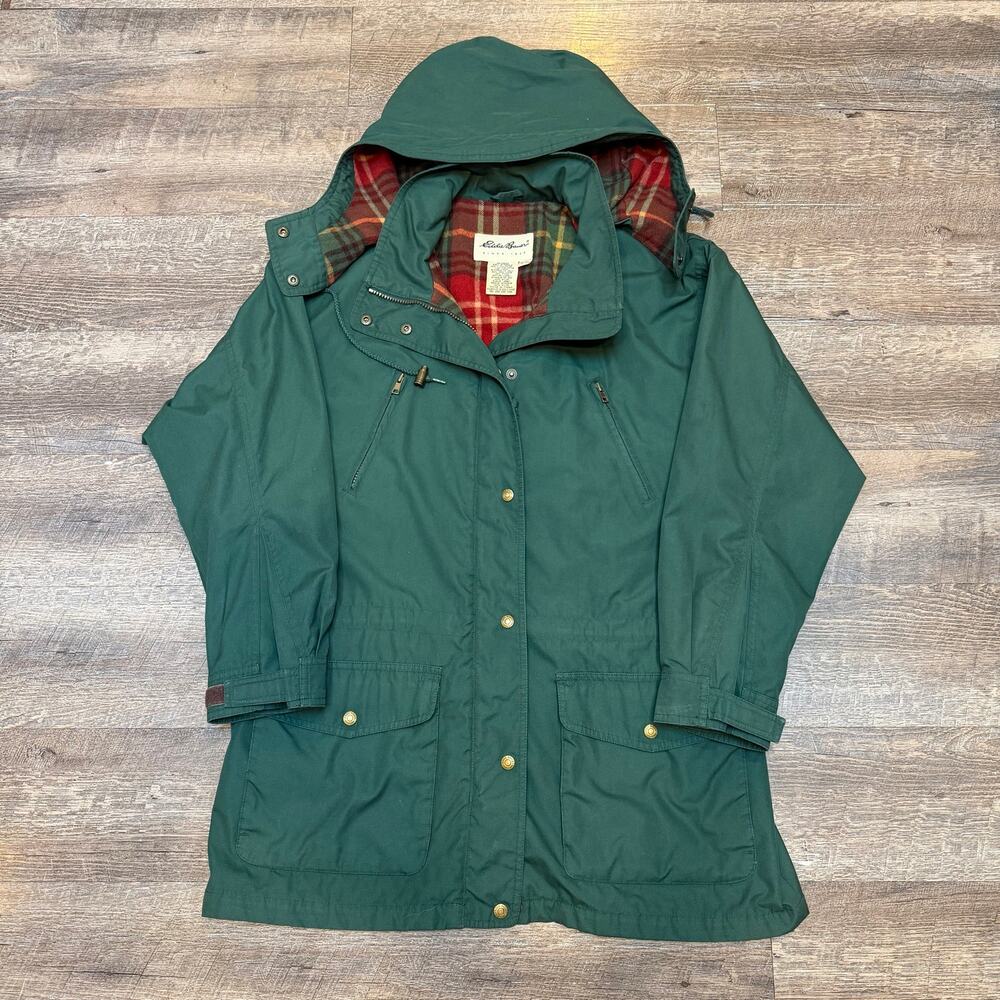 Eddie Bauer Wool Plaid Lined Mountain Parka Jacket Green Hooded Women's Medium
